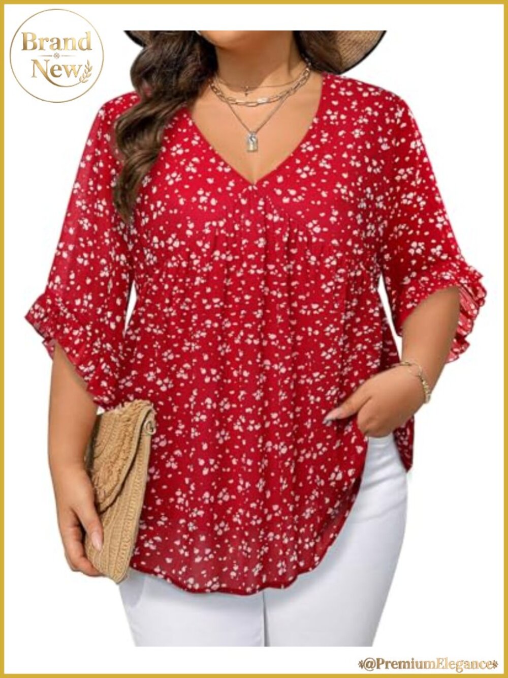Plus Size Chiffon Babydoll Tunic 3/4 Ruffle Sleeve V-Neck Blouse Dressy Casual